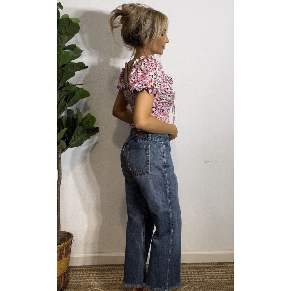 Zara Crop‎ Top Small Pink Floral Babydoll Puff Short Sleeve Ruffle Trim Bustier